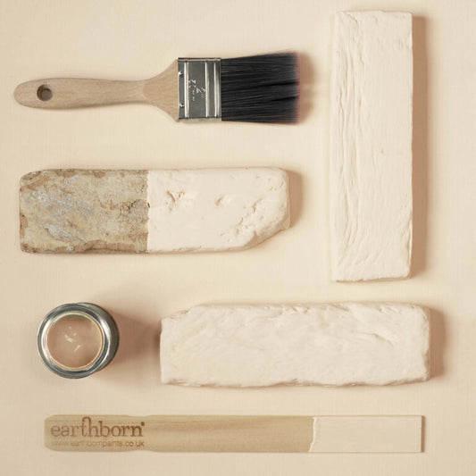 Paintbrush, paint samples, and a container of paint on a beige background with 'earthborn' branding.