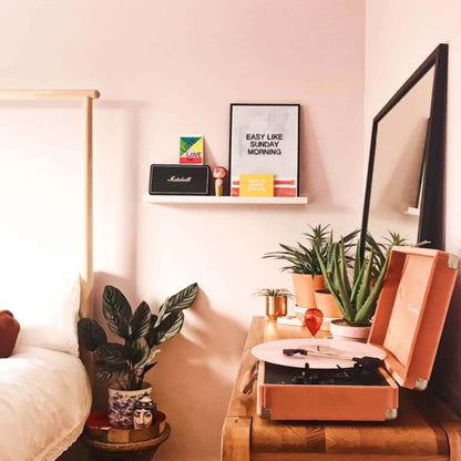 Living room with a record player, plants, and framed artwork on a shelf.