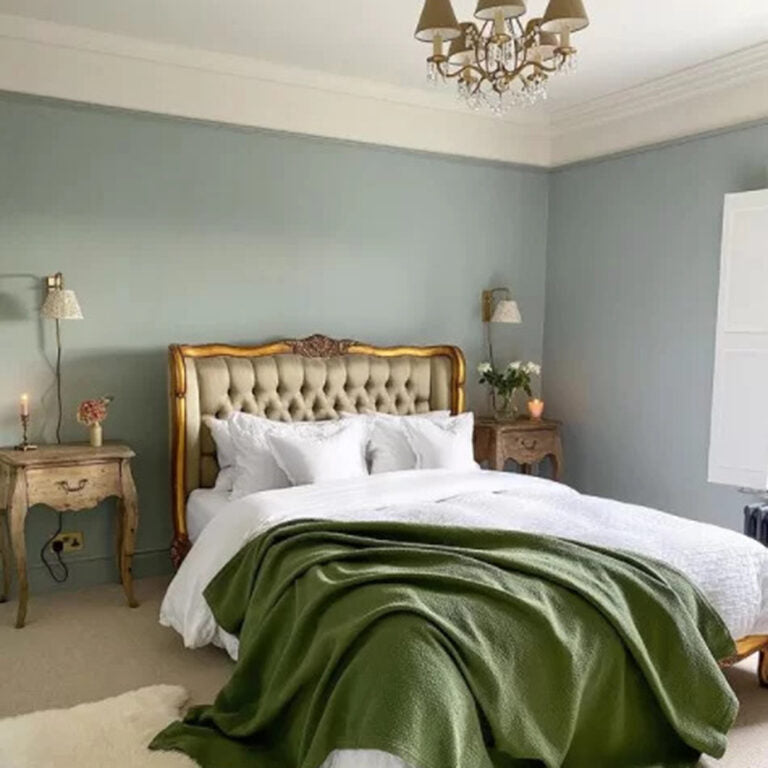 Neatly made bed with a green throw blanket in a bedroom setting.