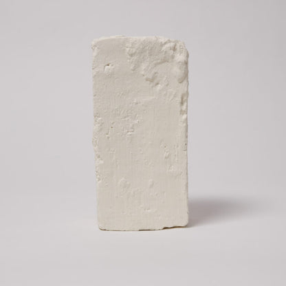 Rectangular block of white cheese on a light gray background