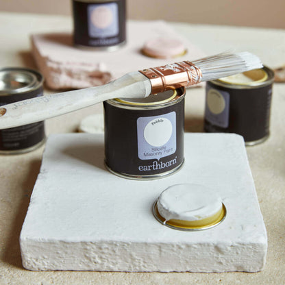 Can of Earthborn Silica Masonry Paint with a brush on a stone surface