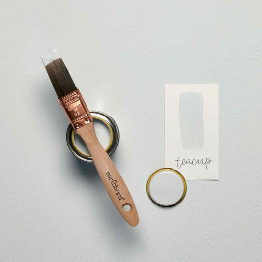 Paint brush with 'earthborn' branding next to a can of paint and a decorative ring on a light gray background.