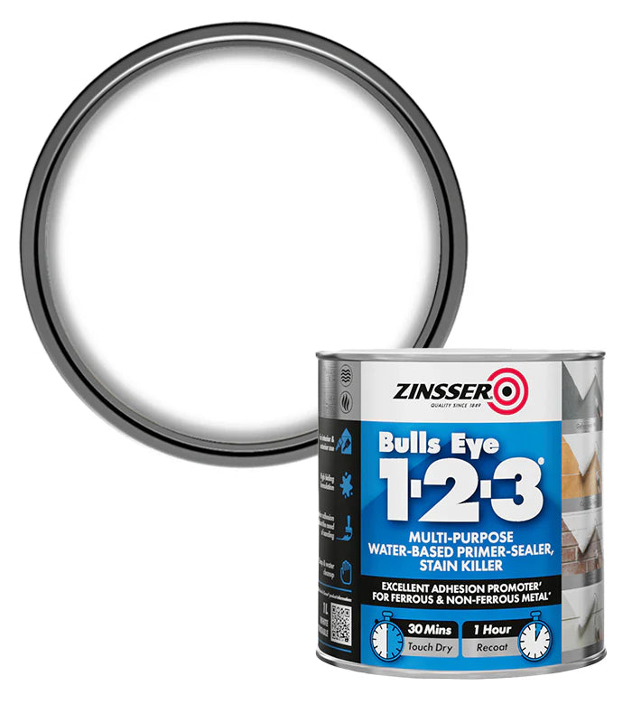 Zinsser Bulls Eye 1-2-3 paint can with a ring light on a white background