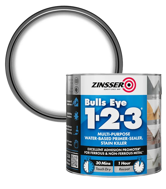 Zinsser Bulls Eye 1-2-3 paint can with a metal ring in the background