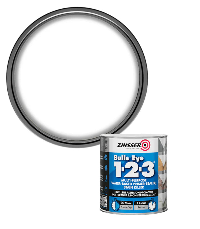 Zinsser Bulls Eye 1-2-3 paint can with a silver ring on a white background