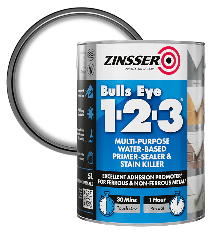 Zinsser Bulls Eye 1-2-3 paint can with a white background