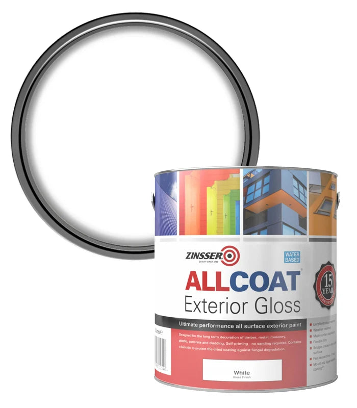 Zinsser AllCoat Exterior Gloss paint can with a white paint swatch on a white background