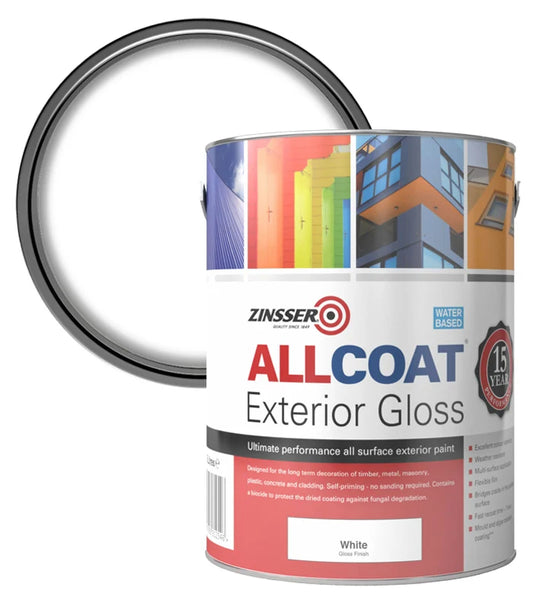 Zinsser Allcoat Exterior Gloss paint can on a white background