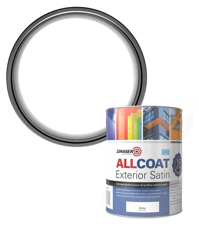 Zinsser Allcoat Exterior Satin paint can with a metal ring on a white background