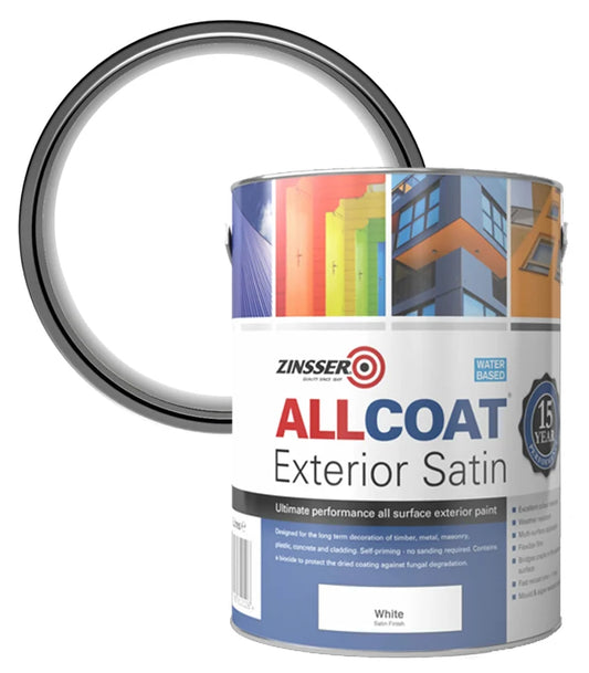 Zinsser Allcoat Exterior Satin paint can on a white background