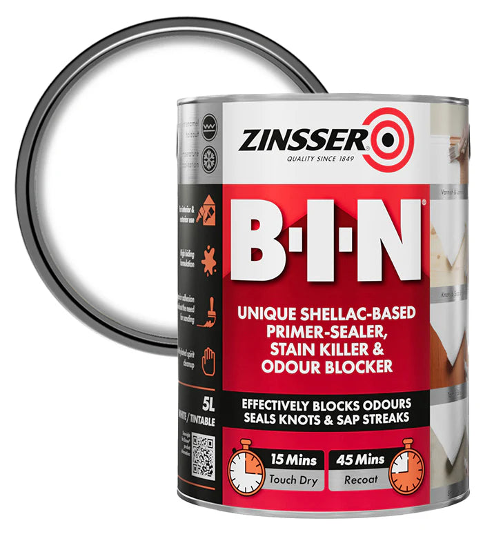 A 5L can of Zinsser B-I-N primer sealer, stain killer, and odour blocker, shown on a white background with a circular inset demonstrating the clear, odorless coating.