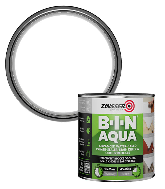 Zinsser B-I-N Aqua paint can with a circular metal object on a white background
