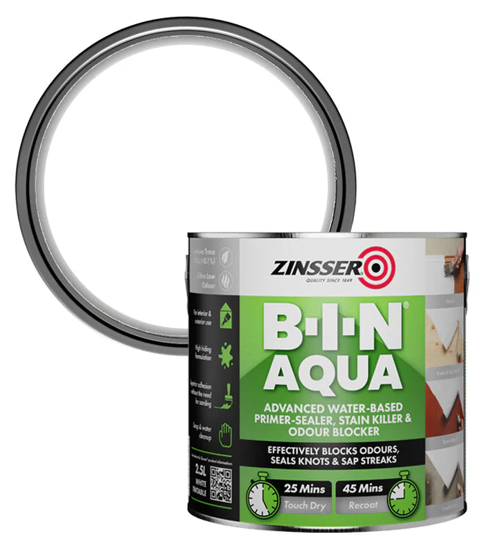 Zinsser Bin Aqua paint can with a white background