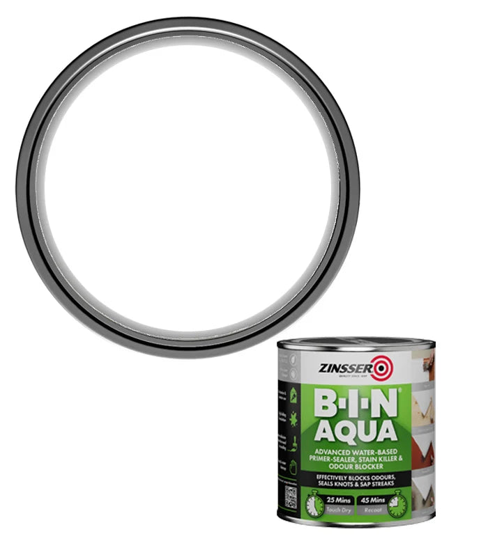 Zinsser Bin Aqua paint can with a circular metal object on a white background