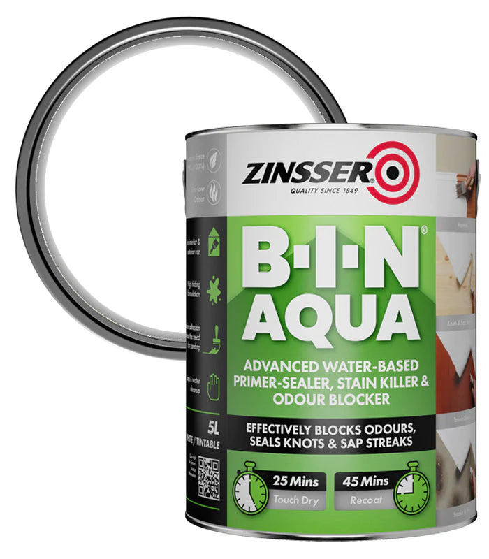 Zinsser B-I-N Aqua paint can on a white background