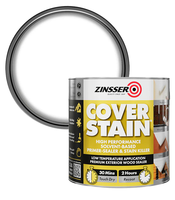 A can of Zinsser Cover Stain solvent-based primer-sealer and stain killer, shown on a white background with a large circular color swatch behind it.