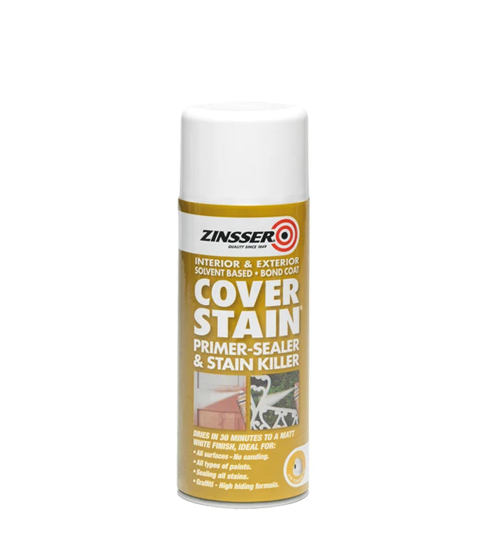 A can of Zinsser Cover Stain Primer-Sealer & Stain Killer, featuring a white cap and a gold and white label, set against a plain white background.