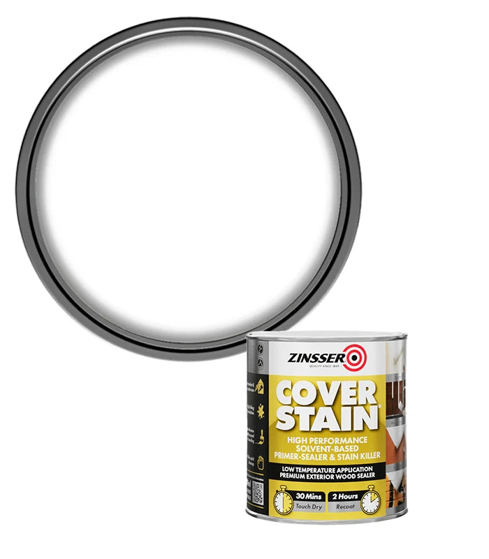 A can of Zinsser Cover Stain wood stain shown next to a large circular color swatch representing the stain's color, on a plain white background.