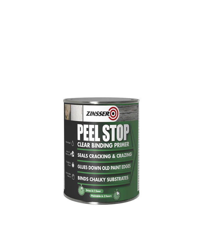 A can of Zinsser Peel Stop Clear Binding Primer on a solid white background.