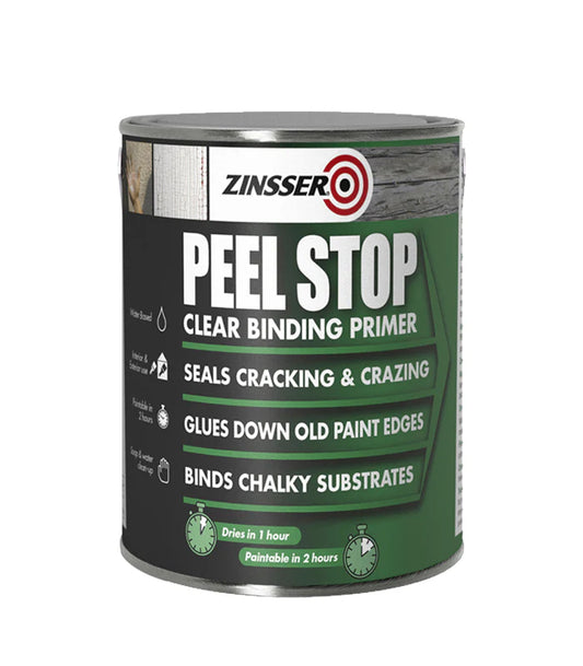 A can of Zinsser Peel Stop Clear Binding Primer, a clear adhesive used for repairing cracked or crazed paint, shown on a plain white background.