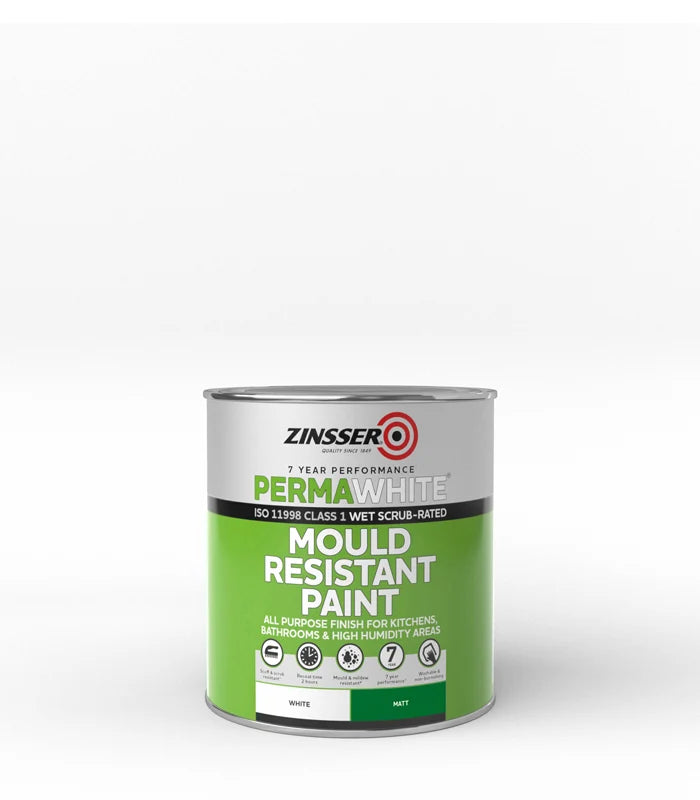 Zinsser PermaWhite mould resistant paint can on a white background