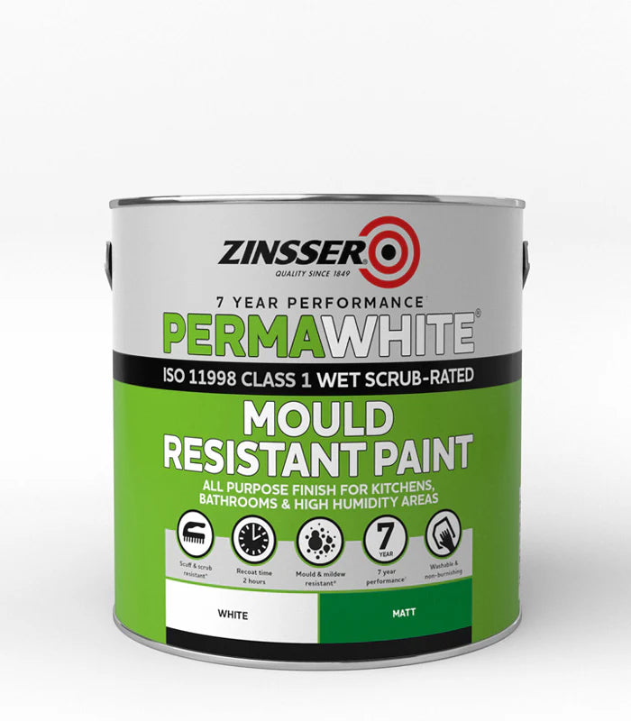 Zinsser PermaWhite mould resistant paint can on a white background