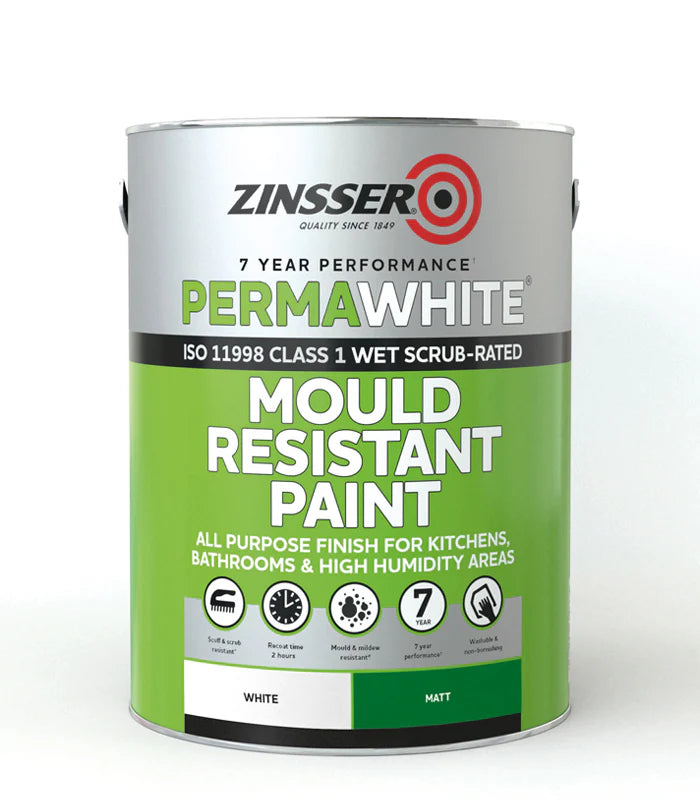 Zinsser PermaWhite mould resistant paint can on a white background