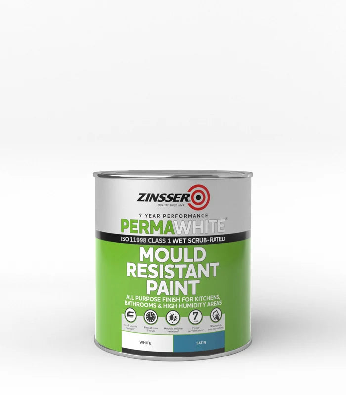 Zinsser PermaWhite mould resistant paint can on a white background