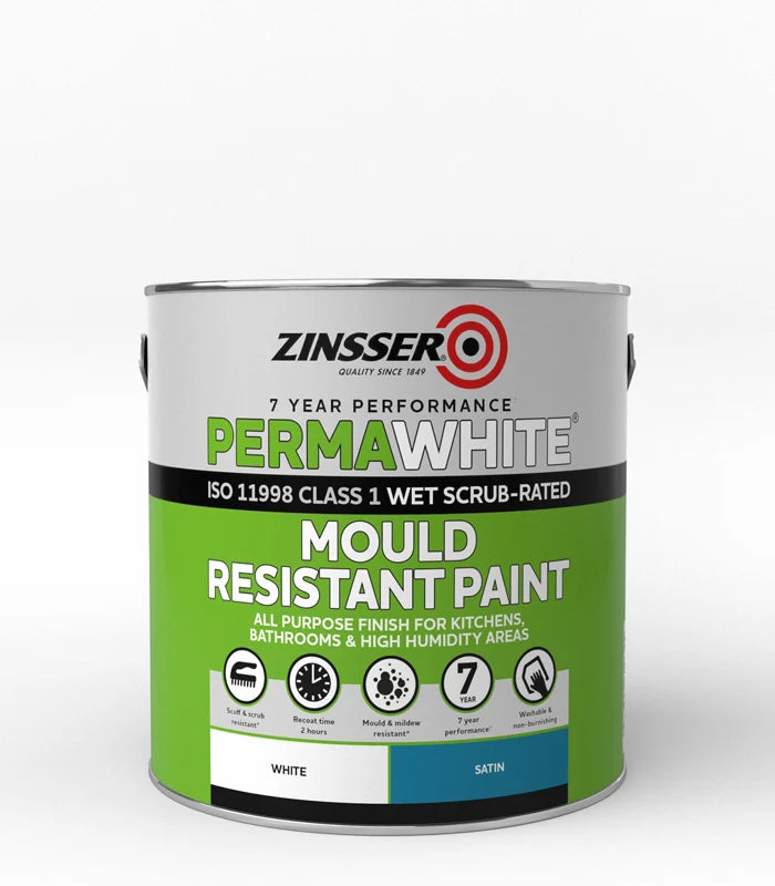 A can of Zinsser PermaWhite Mould Resistant Paint, Class 1 Wet Scrub-Rated, in White Satin finish, shown on a clean white background.