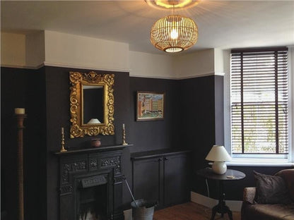 Living room with dark walls, fireplace, mirror, and window.