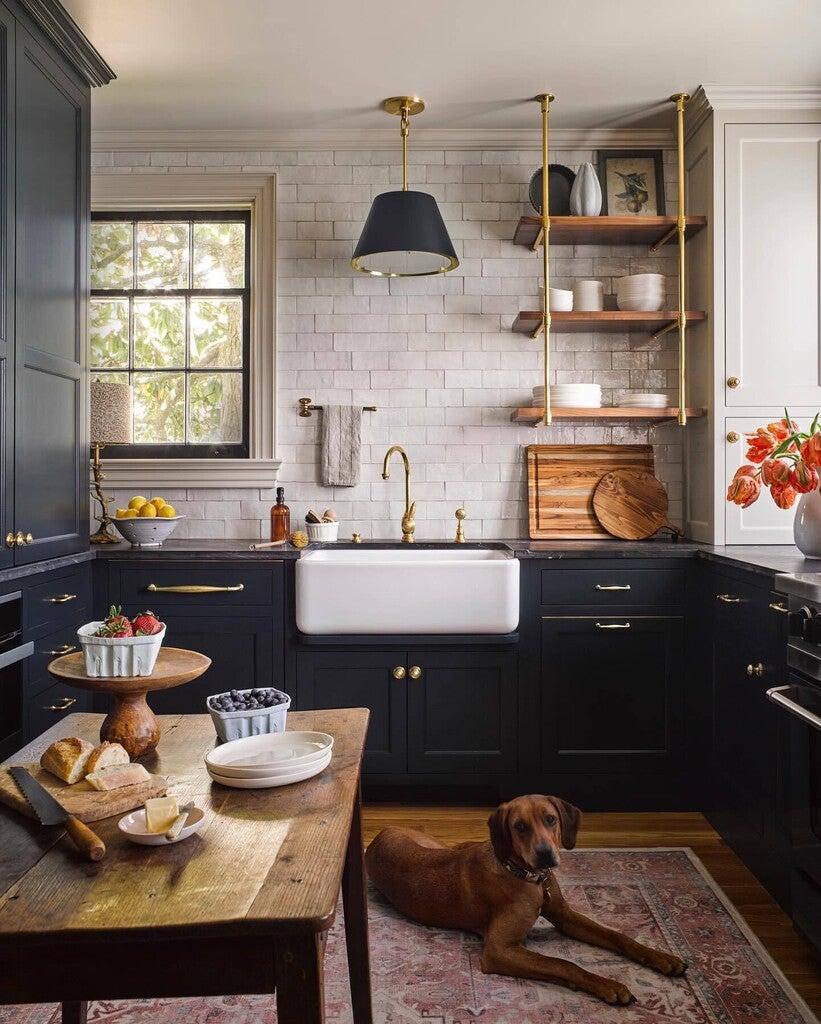 Modern kitchen with dark cabinets, white sink, and a dog lying on the floor.