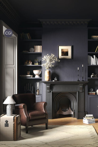 Dark interior room with a fireplace, bookshelves, and a leather armchair.