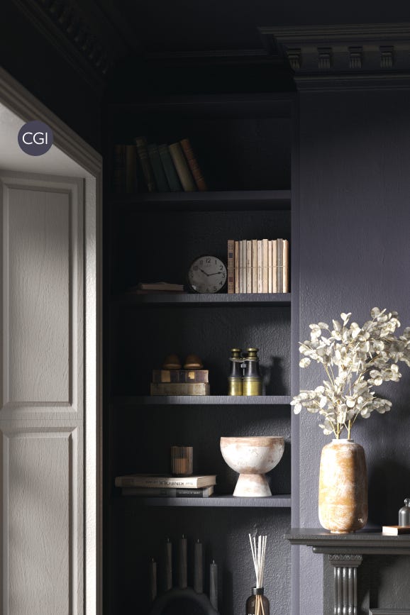 Dark wall with shelves displaying decorative items and a vase with flowers.