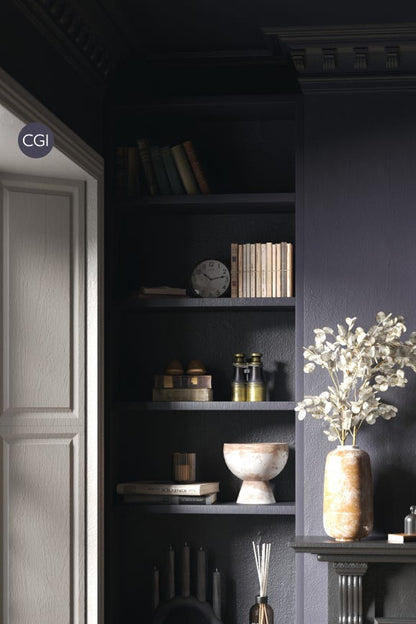 Dark wall with shelves displaying decorative items and a vase with flowers.