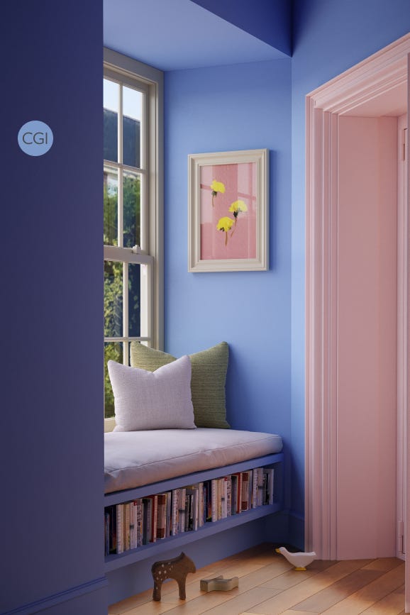 Nook with cushioned bench against a blue wall, framed picture on wall, and pink door.