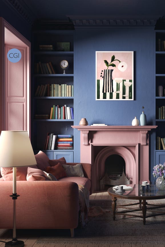 Living room with blue walls, pink fireplace, and bookshelves.