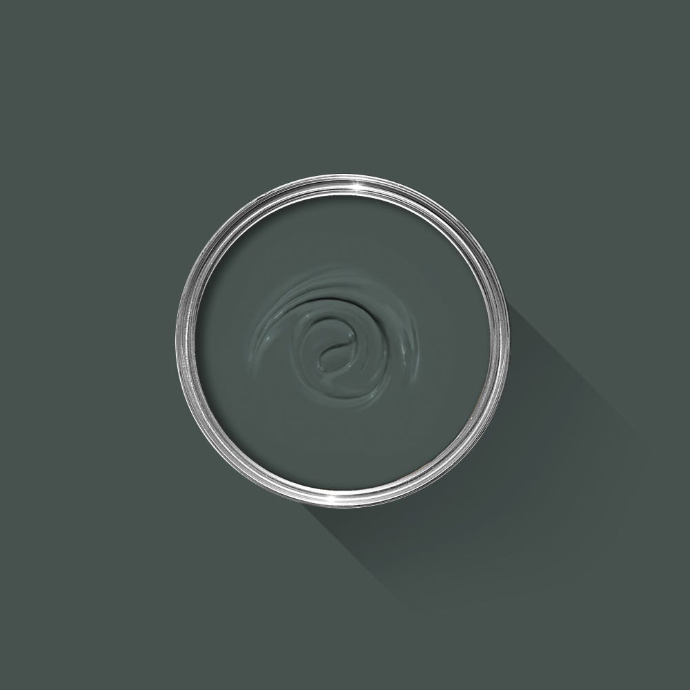 Dark green paint swatch with a silver rim on a dark gray background