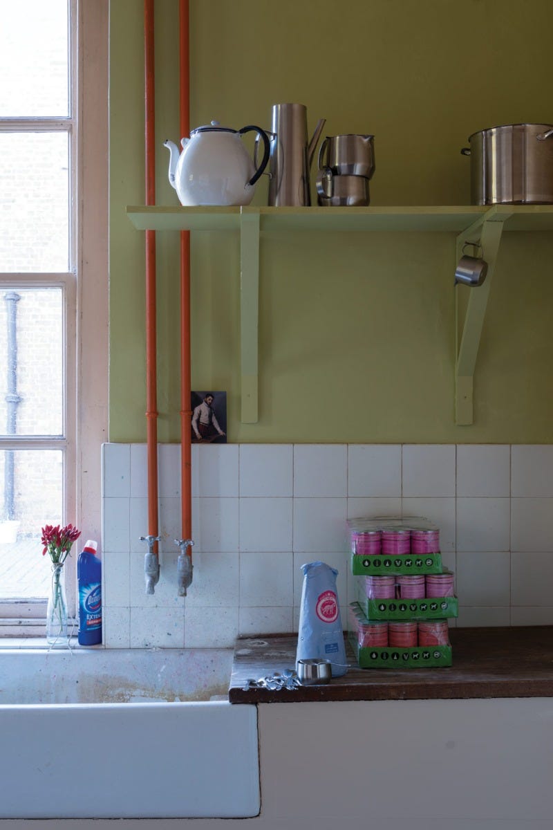 Kitchen with shelves, window, and various items on a counter.