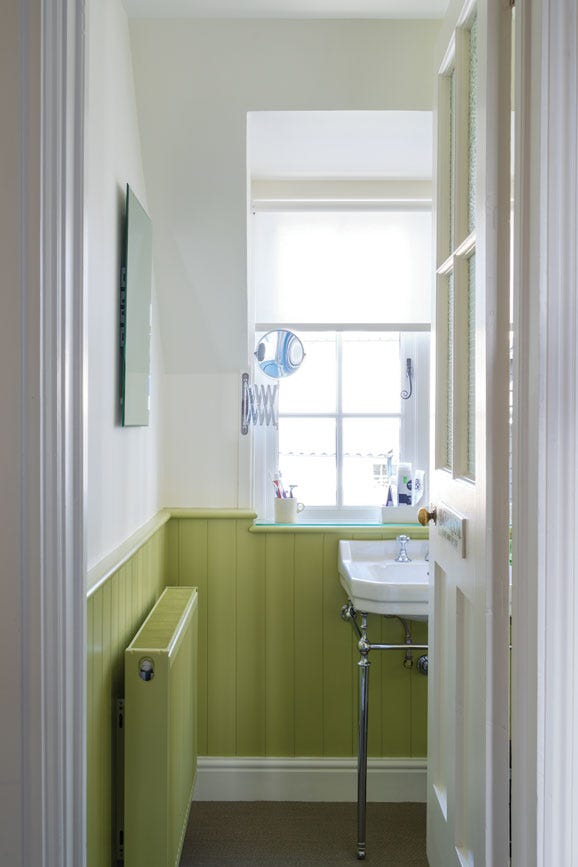 Bathroom with green paneling and a sink