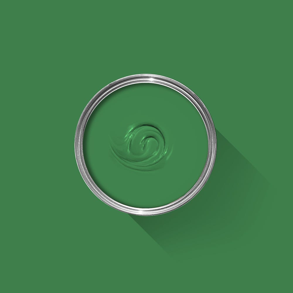 Green paint swatch with a silver rim on a green background