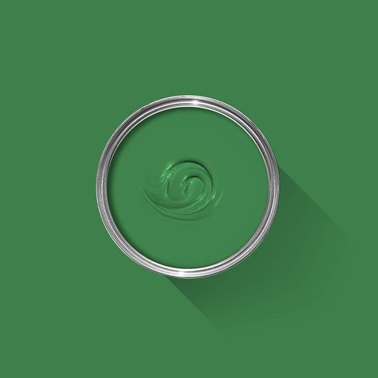 Green paint swatch with a silver rim on a green background