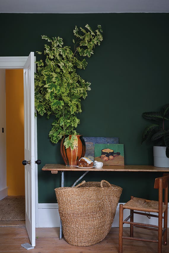 Room interior with a green wall, wooden table, wicker basket, and plants.