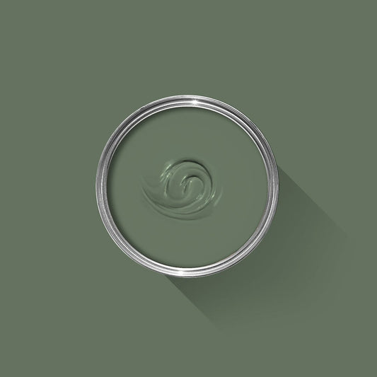 Green paint swatch in a circular container on a green background