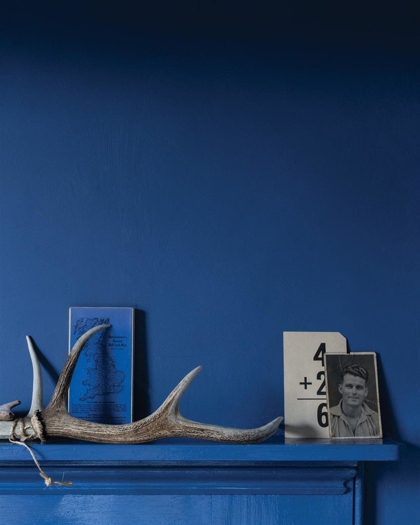 Decorative shelf with antlers, books, and a photo against a blue wall