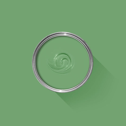 Green paint swatch with a silver ring on a green background