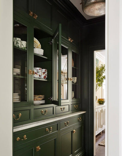 Green kitchen cabinets with gold handles in a well-lit room.