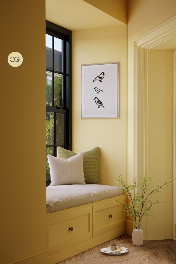Nook with window seat, cushions, and a plant in a room with yellow walls.