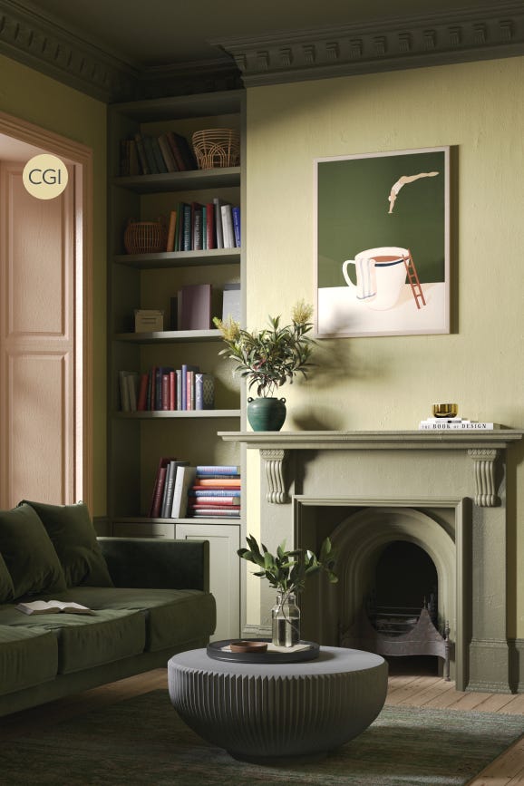 Living room with a fireplace, bookshelf, and decorative items.