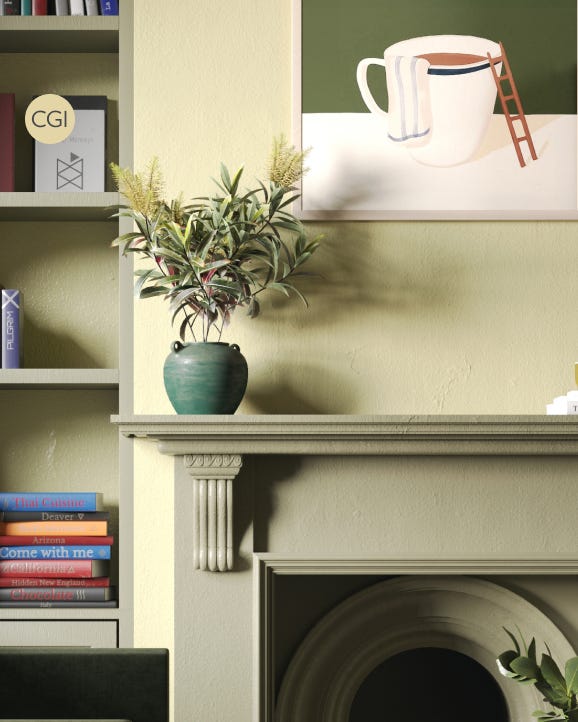 Decorative shelf with a plant, books, and a small painting of a cup and ladder.
