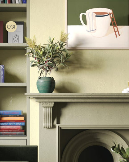 Decorative shelf with a plant, books, and a small painting of a cup and ladder.